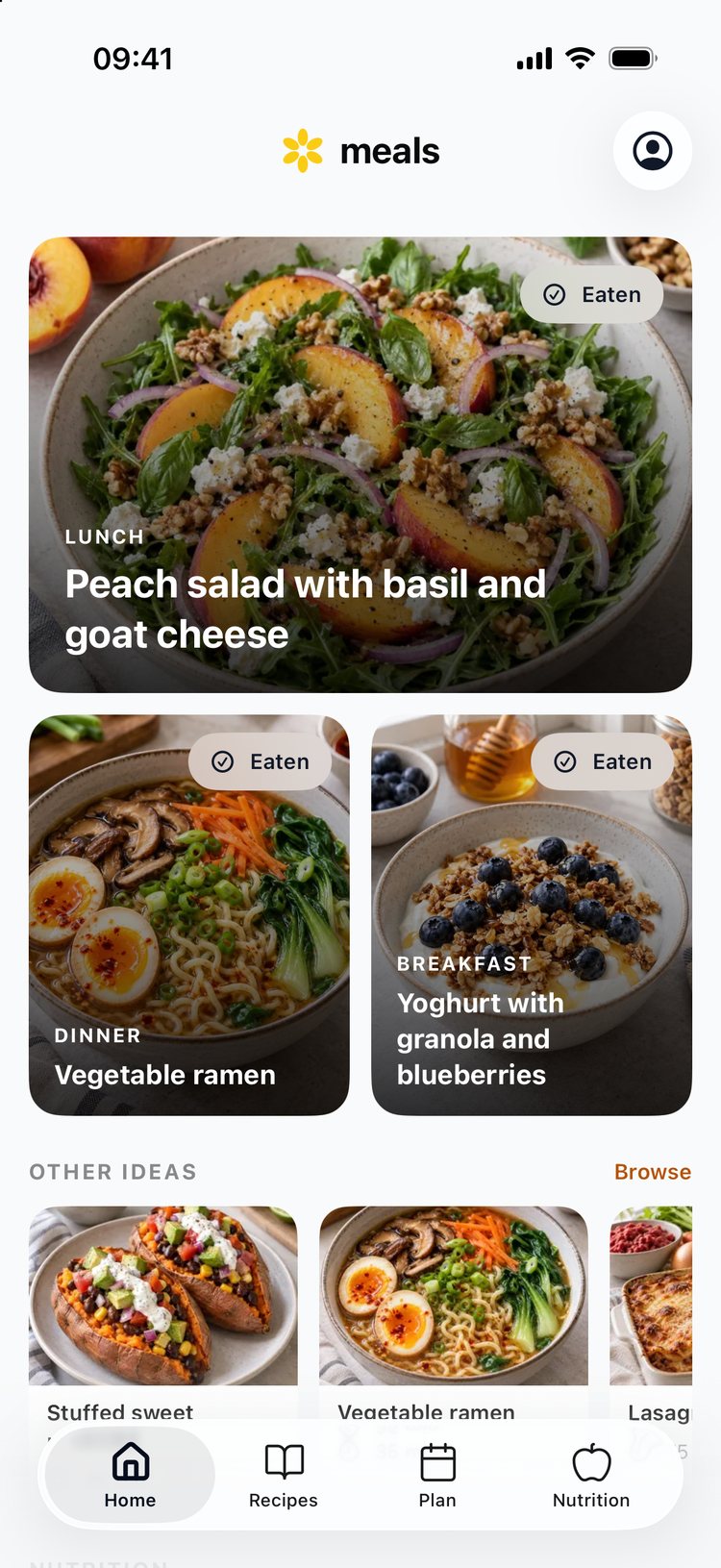 The meals app's home screen with today's meals