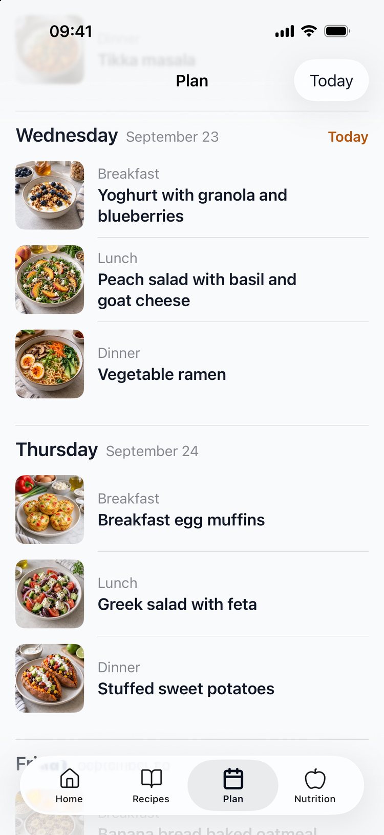 The week plan, breakfast, lunch and dinner