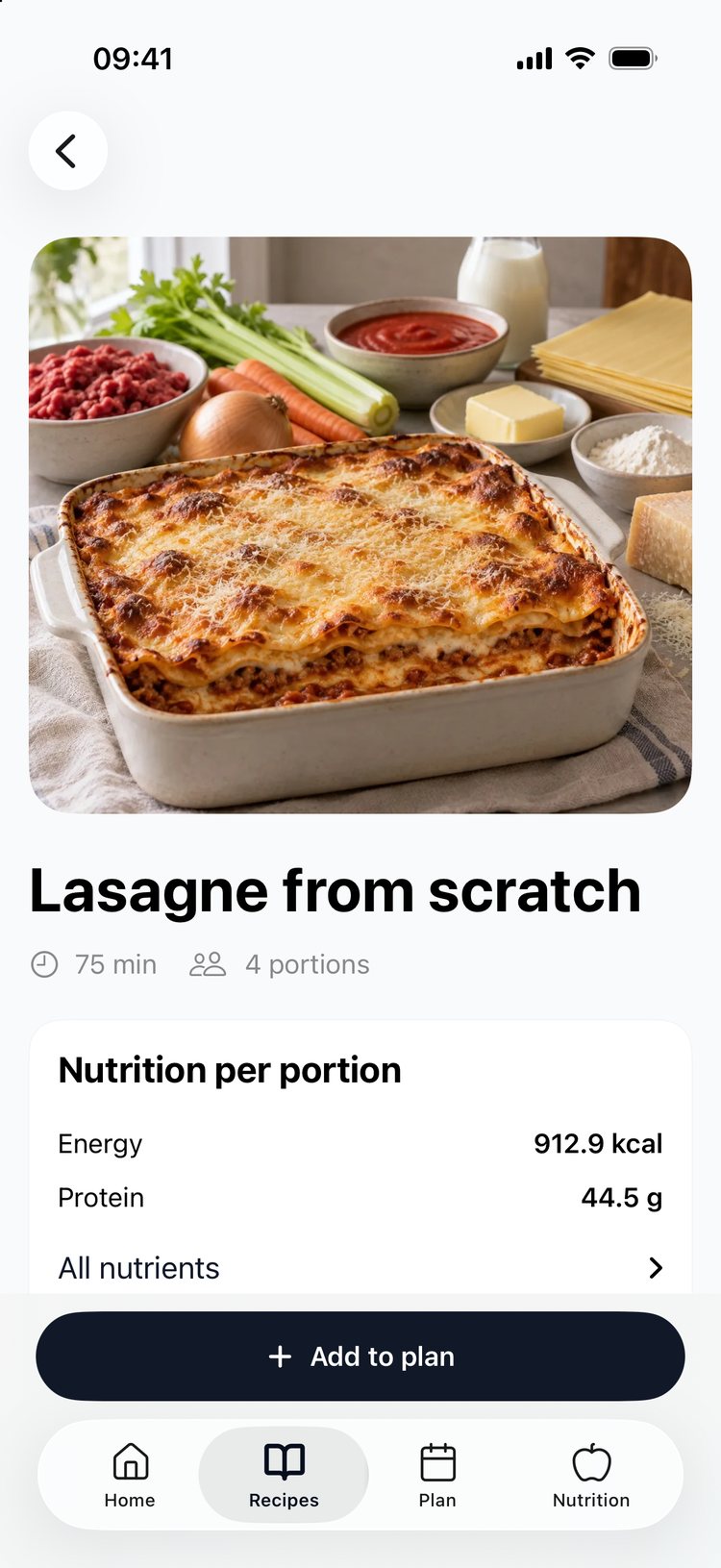 A lasagne recipe with its nutrition