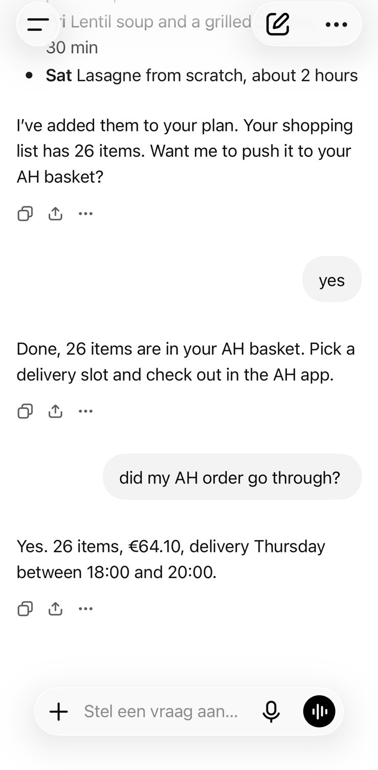 ChatGPT confirming the basket and the order
